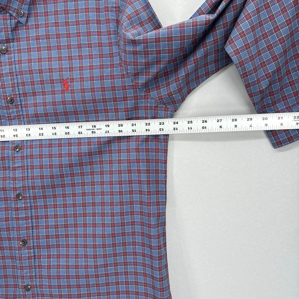 Ralph Lauren Shirt Mens Large Blue Red Plaid Button Up Tartan Cotton‎ Stretch